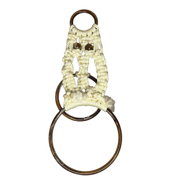 Vintage Macrame Towel Holder Owl Brown and Tan Mid Century - Picture 3 of 8